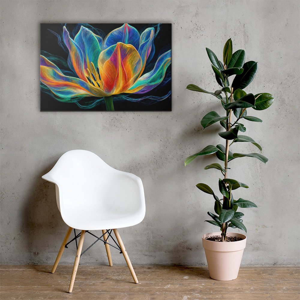 Glowing Neon Lotus Wall Art Printable | Electric Floral Canvas Print
