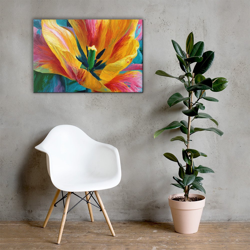 Bright Yellow & Pink Tulip Wall Art Printable | Floral Canvas Print