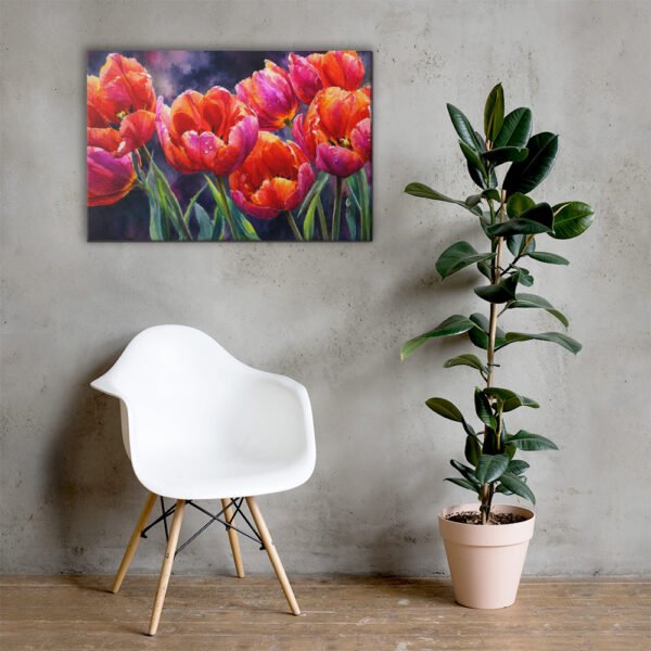 Vibrant Orange and Pink Tulips Watercolor Canvas Print | Moody Floral Wall Art - Image 4