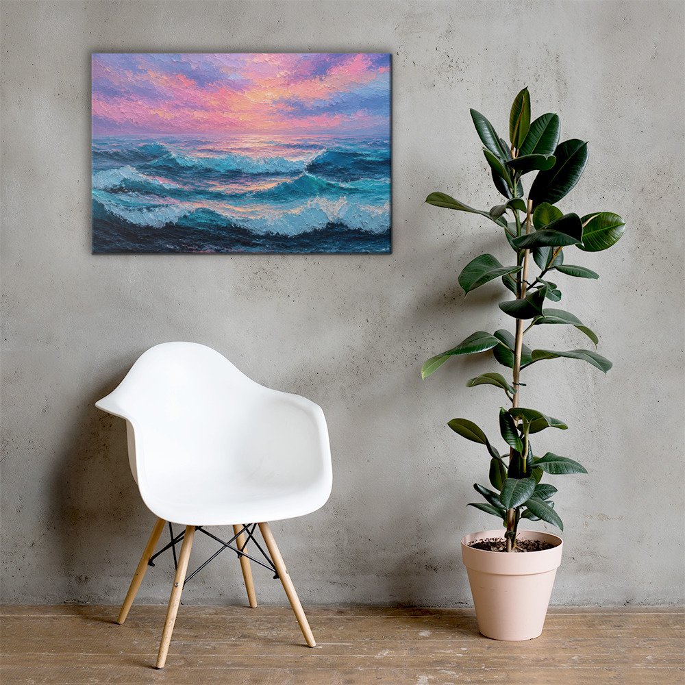 Moody Purple Sunset Beach Artwork | Wave Impasto Canvas Painting