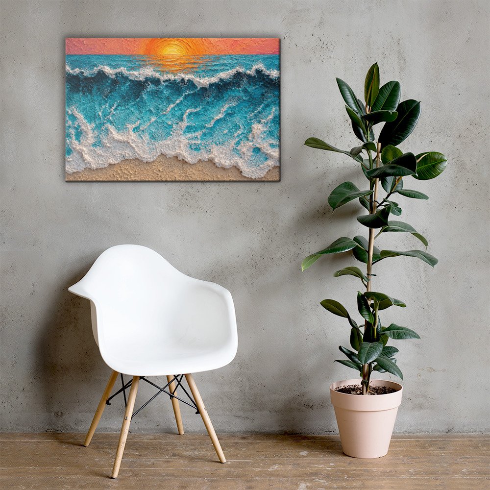 Vibrant Ocean Sunset Canvas Print – Wave Impasto Coastal Wall Decor