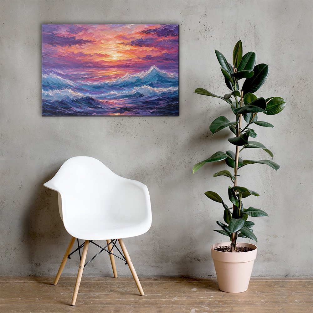 Purple Sunset Ocean Waves Canvas Wall Art – Impasto Dramatic Seascape Painting