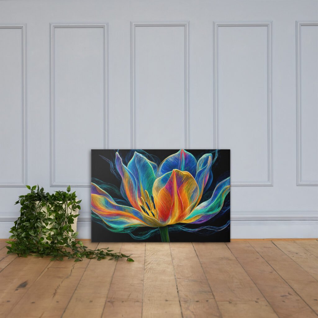 Glowing Neon Lotus Wall Art Printable | Electric Floral Canvas Print