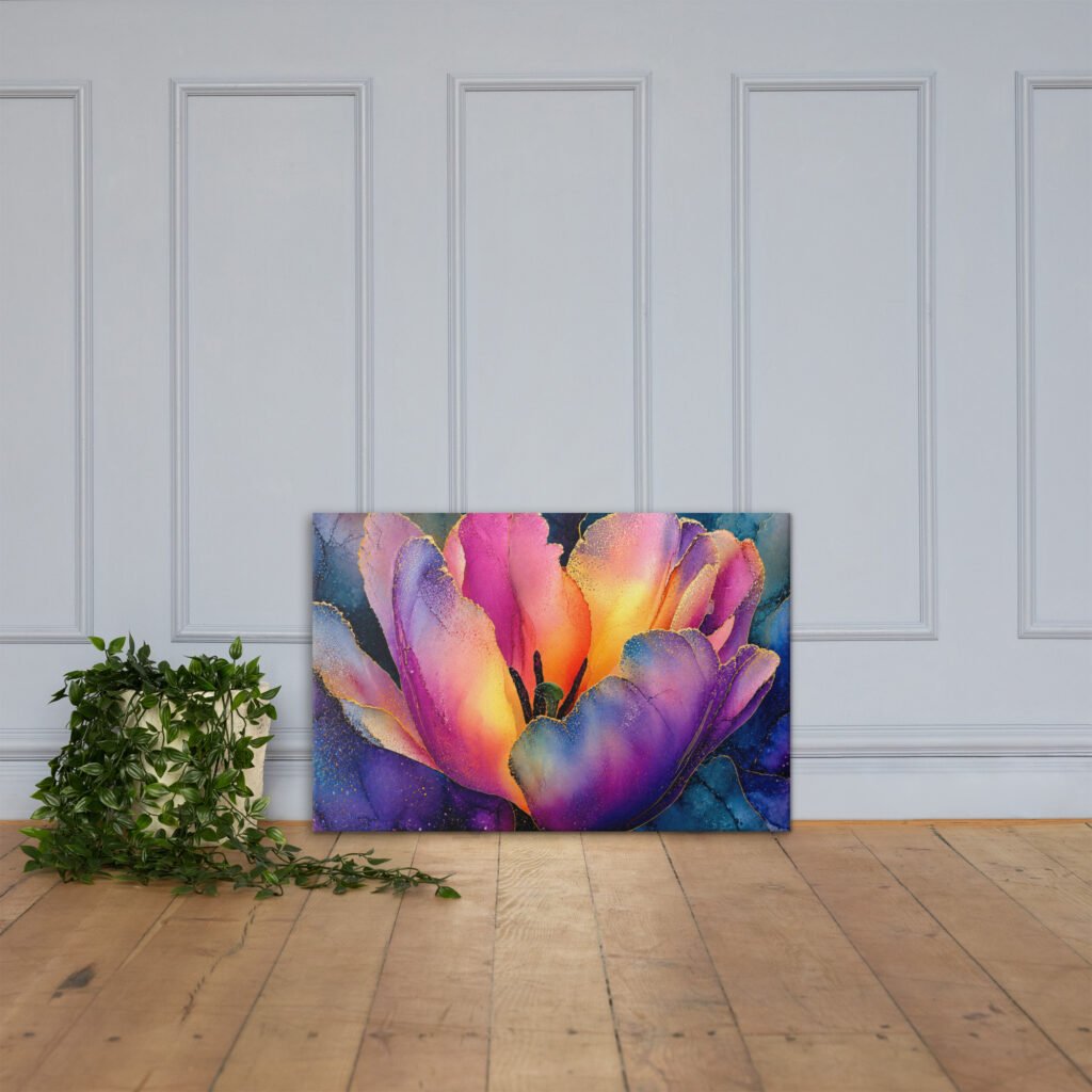 Floral Wall Art Printable | Moody Purple & Gold Tulip Canvas Print