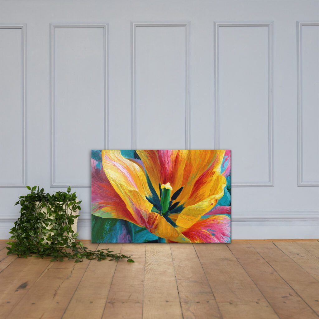 Bright Yellow & Pink Tulip Wall Art Printable | Floral Canvas Print