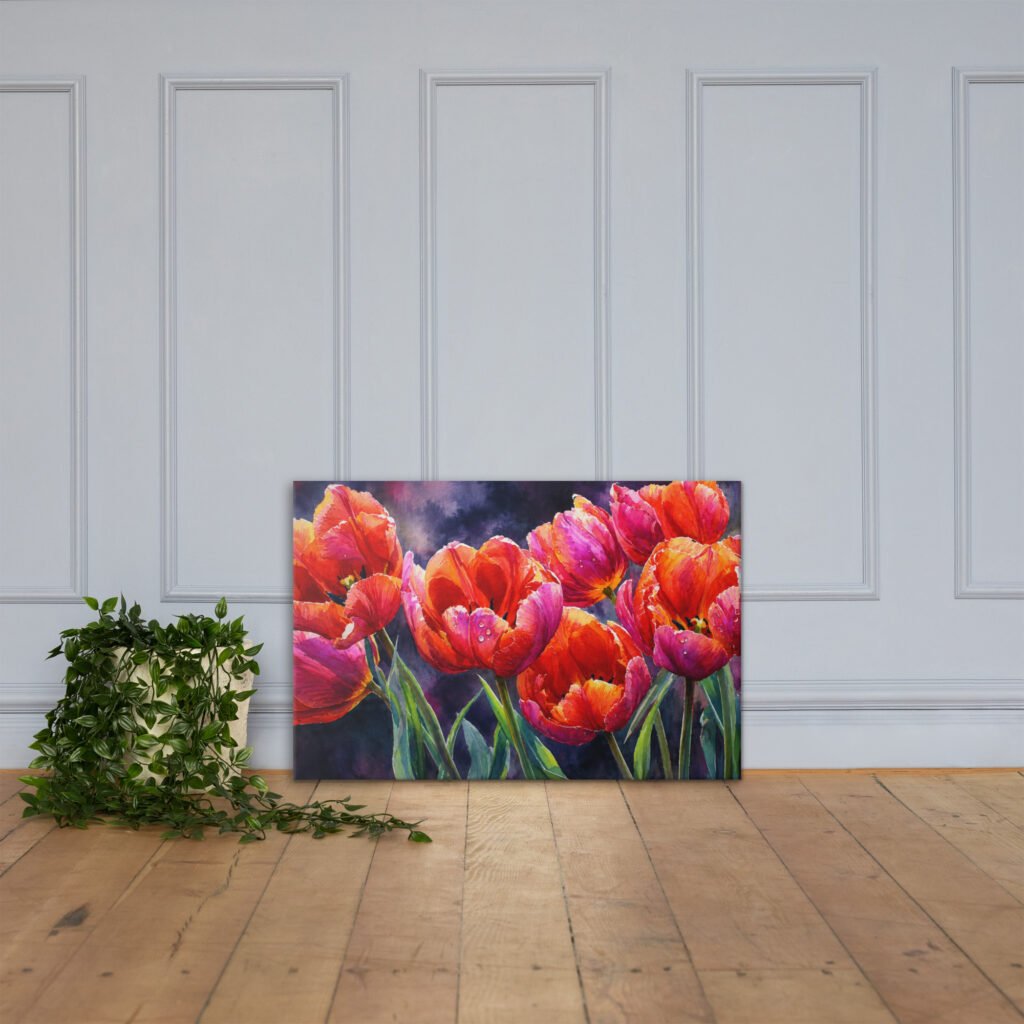 Vibrant Orange and Pink Tulips Watercolor Canvas Print | Moody Floral Wall Art
