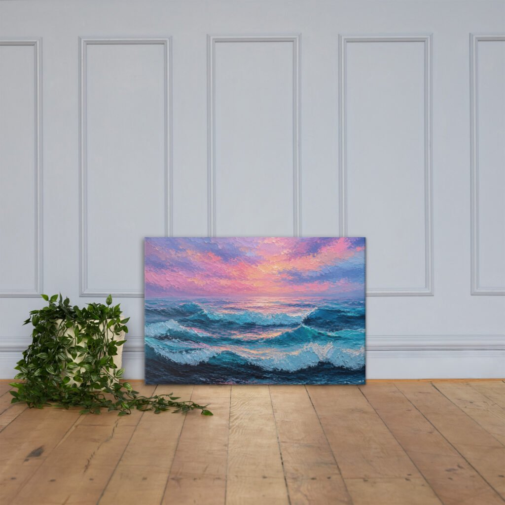 Moody Purple Sunset Beach Artwork | Wave Impasto Canvas Painting
