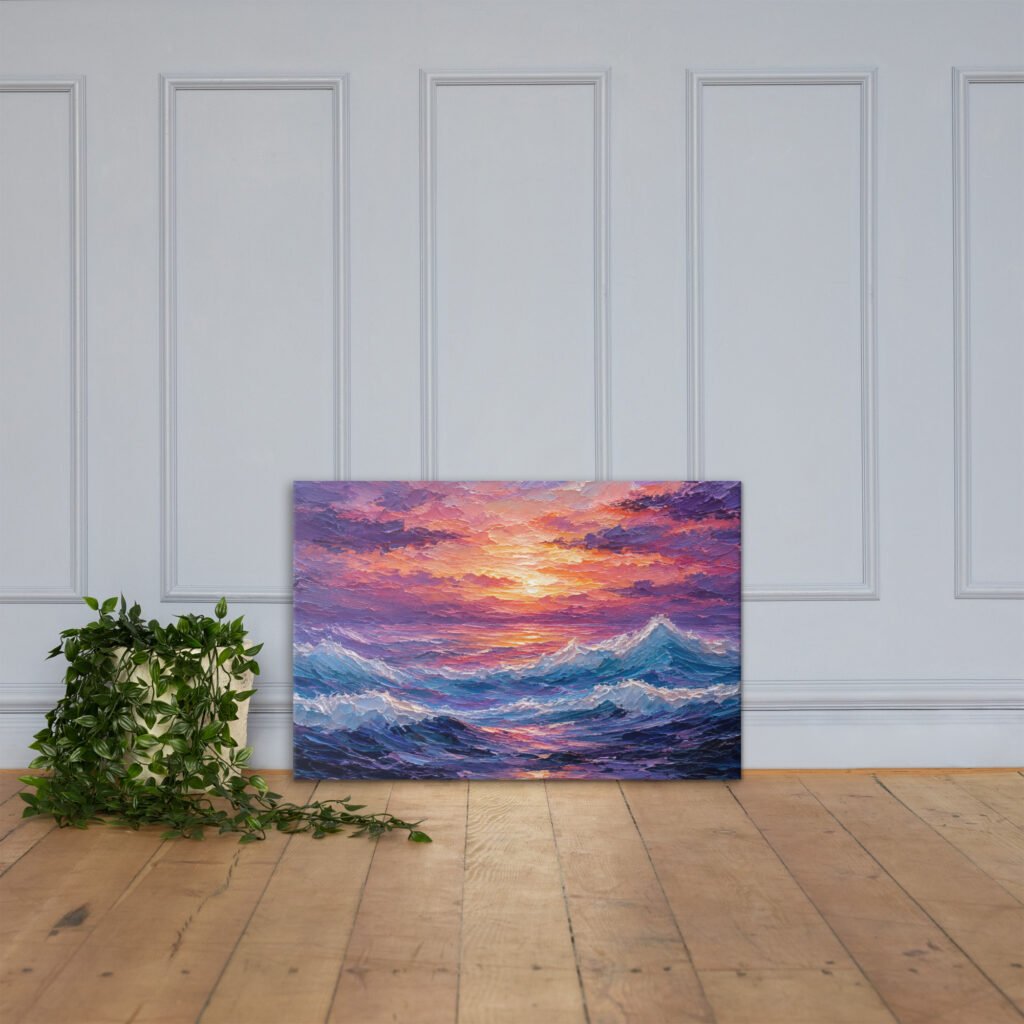 Purple Sunset Ocean Waves Canvas Wall Art – Impasto Dramatic Seascape Painting