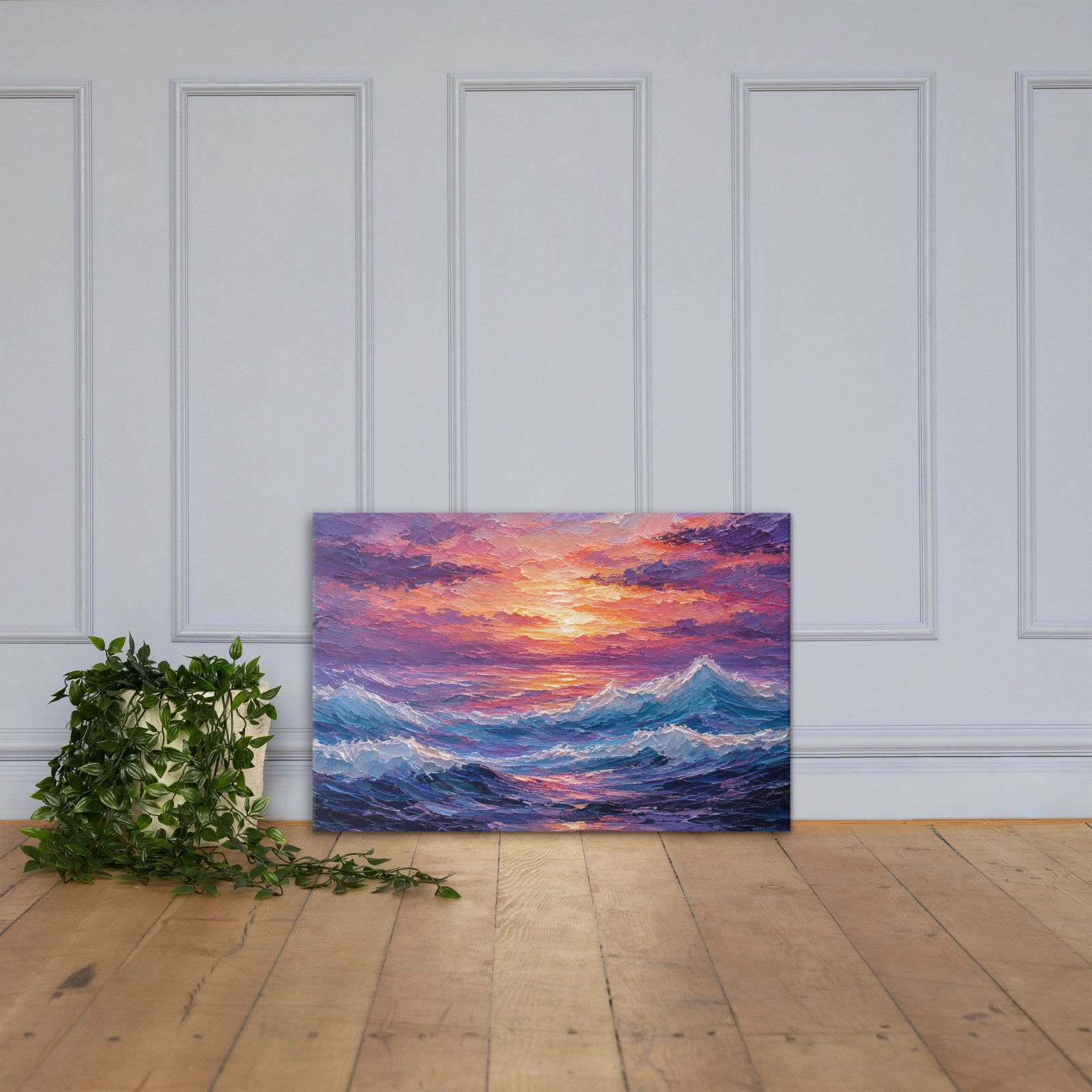 Purple Sunset Ocean Waves Canvas Wall Art – Impasto Dramatic Seascape Painting - Image 3
