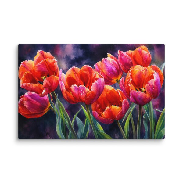Vibrant Orange and Pink Tulips Watercolor Canvas Print | Moody Floral Wall Art - Image 2