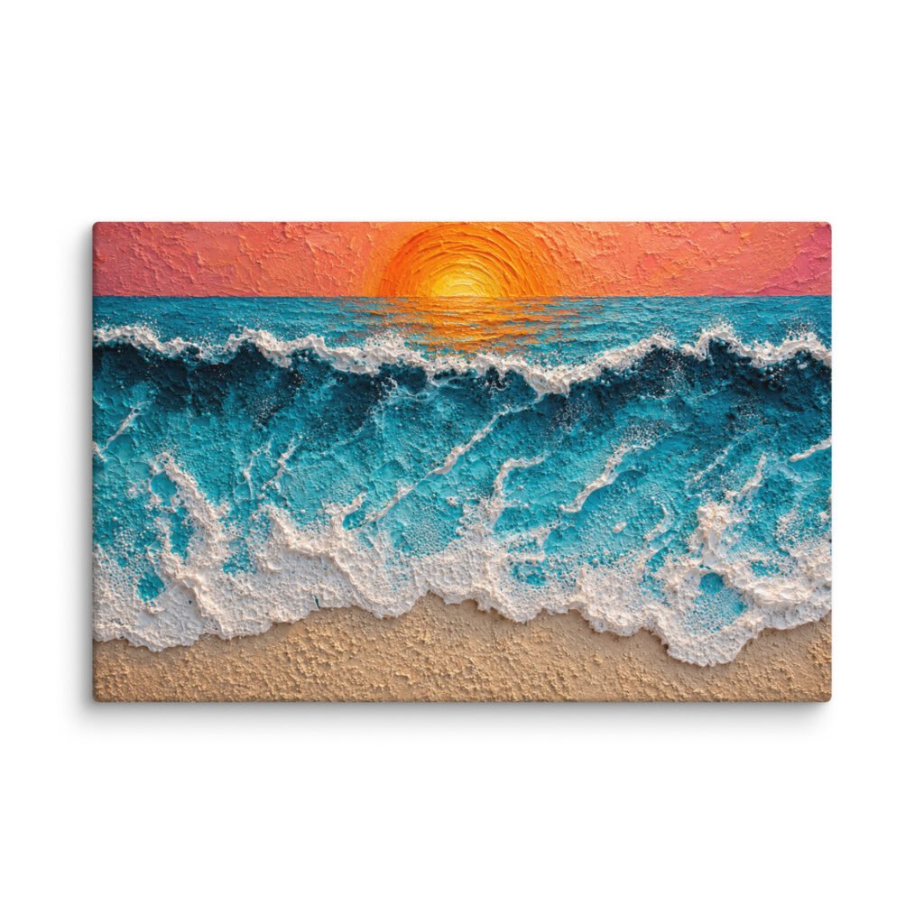 Vibrant Ocean Sunset Canvas Print – Wave Impasto Coastal Wall Decor