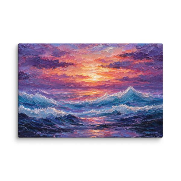 Purple Sunset Ocean Waves Canvas Wall Art – Impasto Dramatic Seascape Painting - Image 2