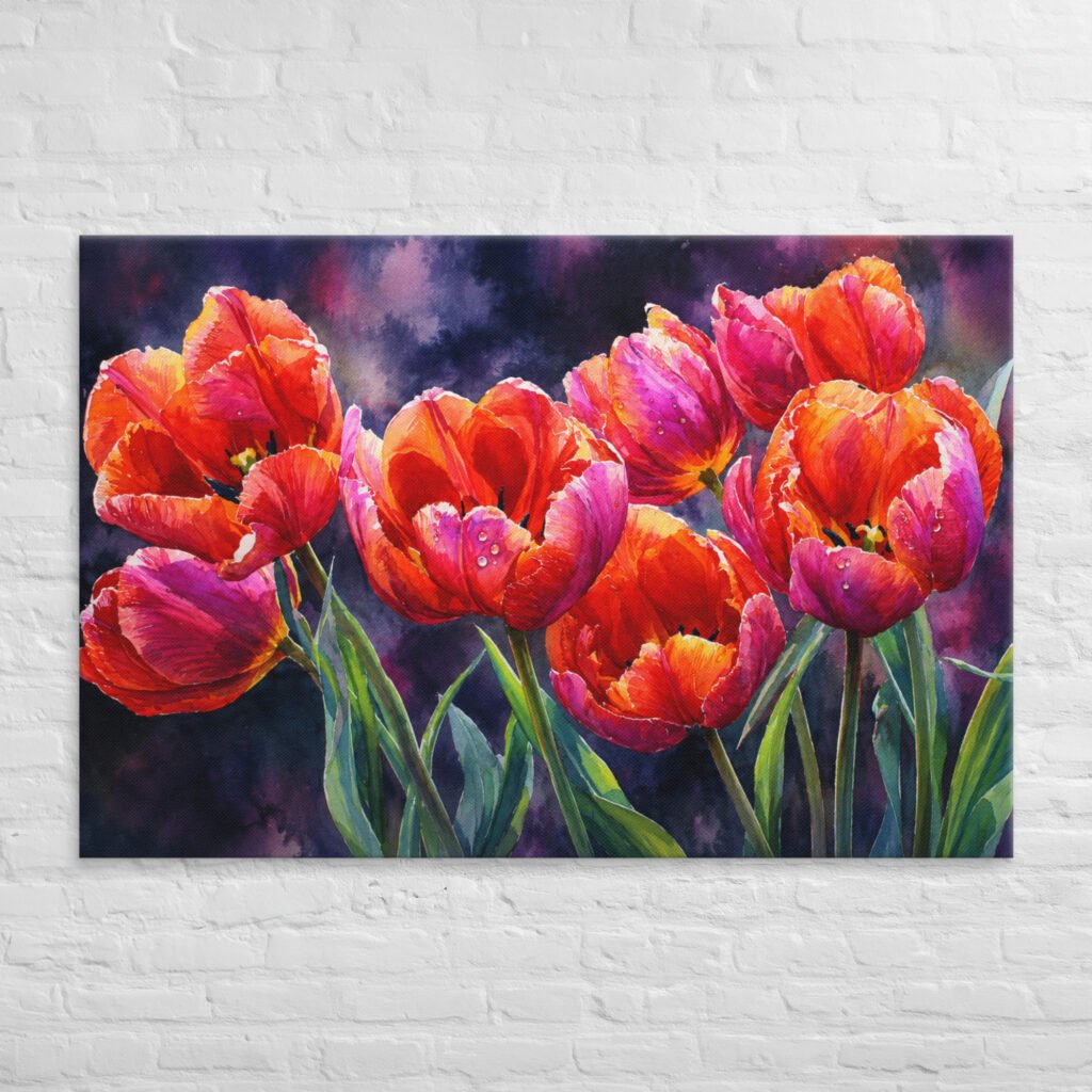 Vibrant Orange and Pink Tulips Watercolor Canvas Print | Moody Floral Wall Art