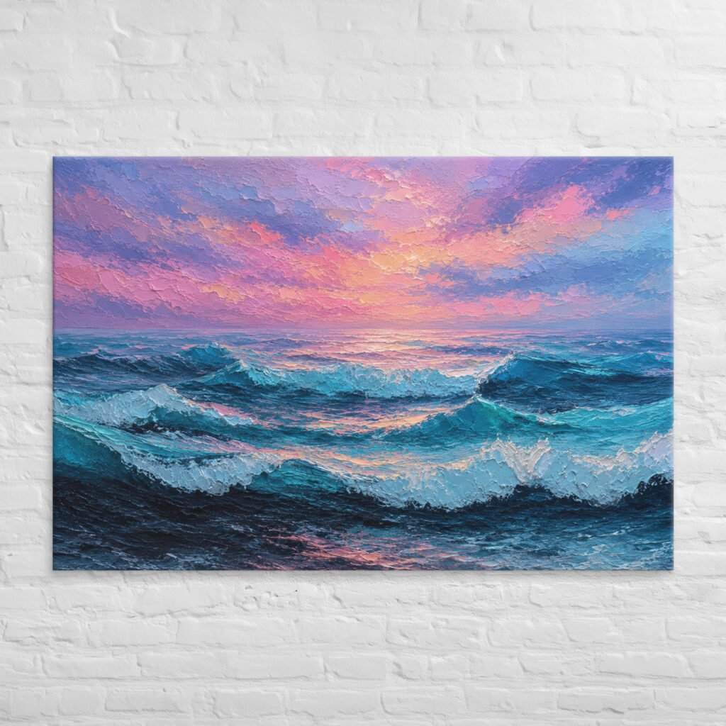 Moody Purple Sunset Beach Artwork | Wave Impasto Canvas Painting